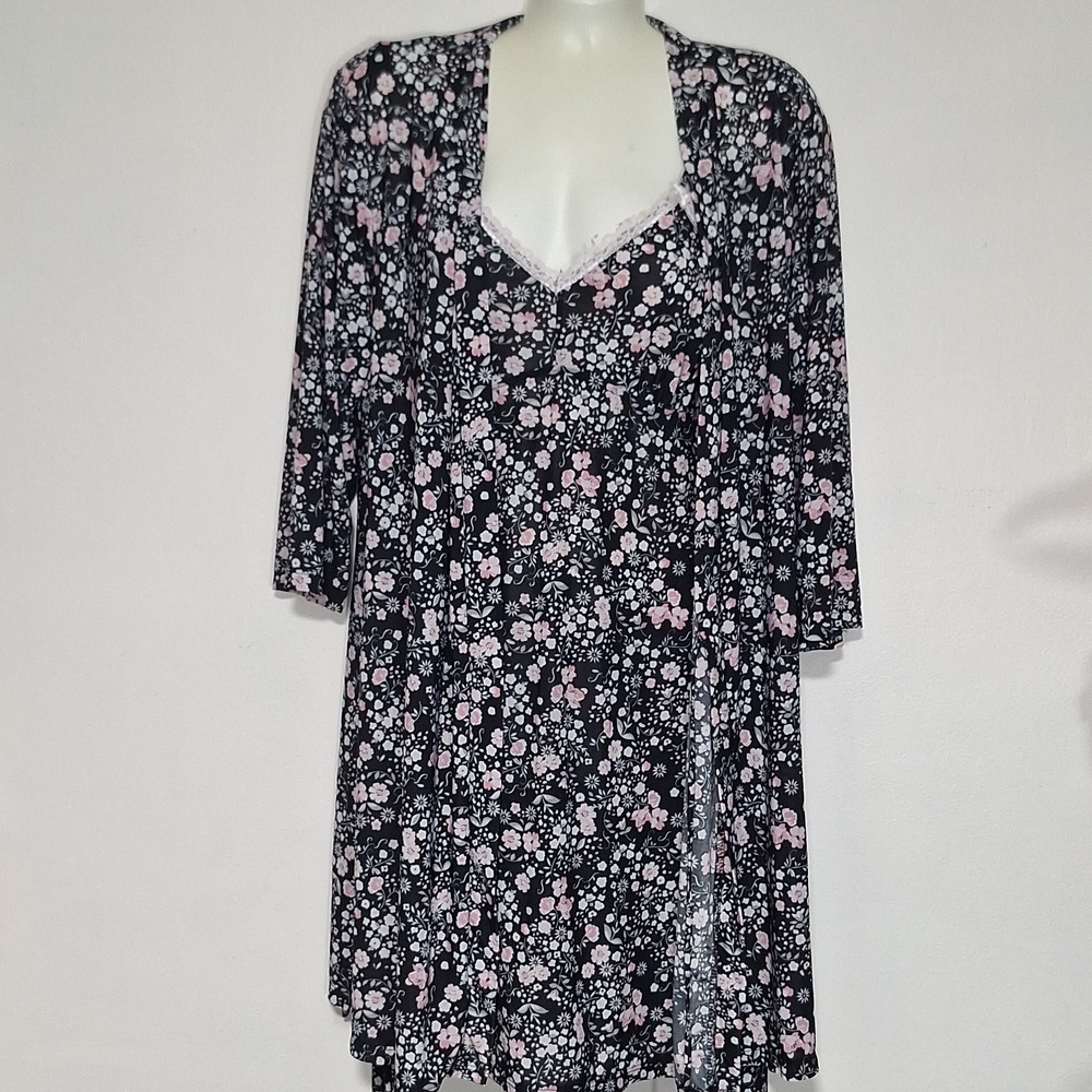 Rene Rofe Nitegown And Robe Set Floral Black Pink